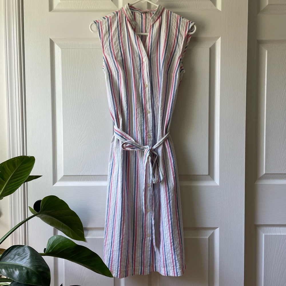 Loft Outlet Pink and Blue Striped Button Down Midi Length Dress